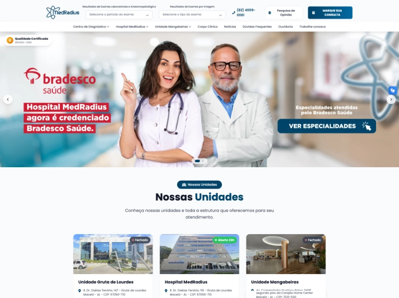 Prévia ilustrativa do site institucional da MedRadius, em tons de azul e branco.